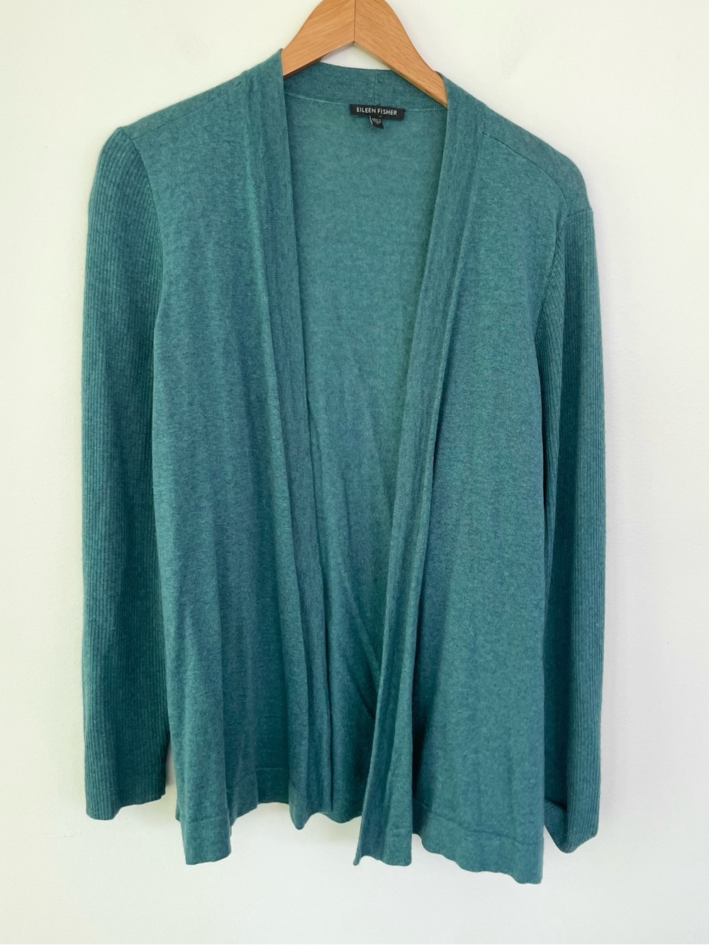 Eileen Fisher 100% Merino Wool Open Front Rib Knit Sleeve Cardigan Teal Green L